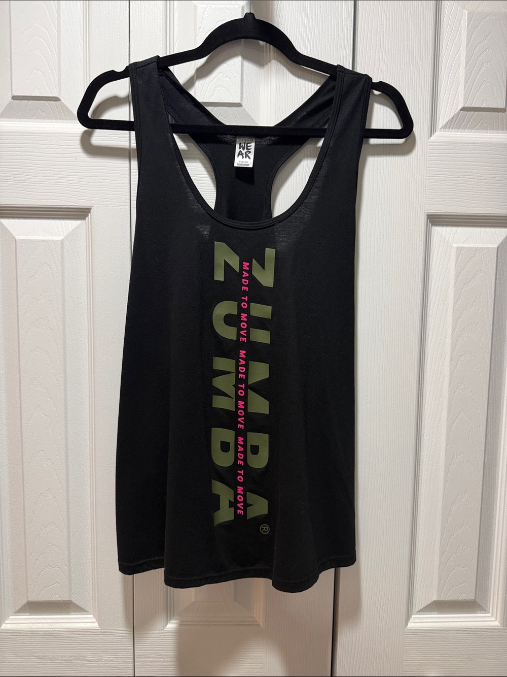 Zumba Fitness Black Racerback Tank with Olive Green and Pink Vertical Logo
